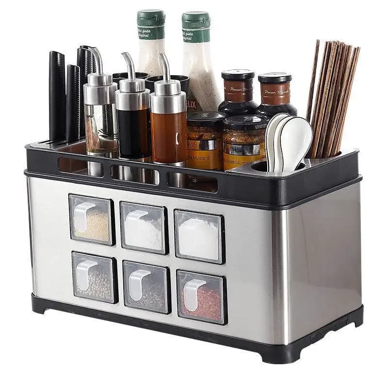 Stainless Steel Kitchen Storage Box Spice Jar Counter Top Sauce Bottle Knife Rack Shelf Organizer Set for Home Organization