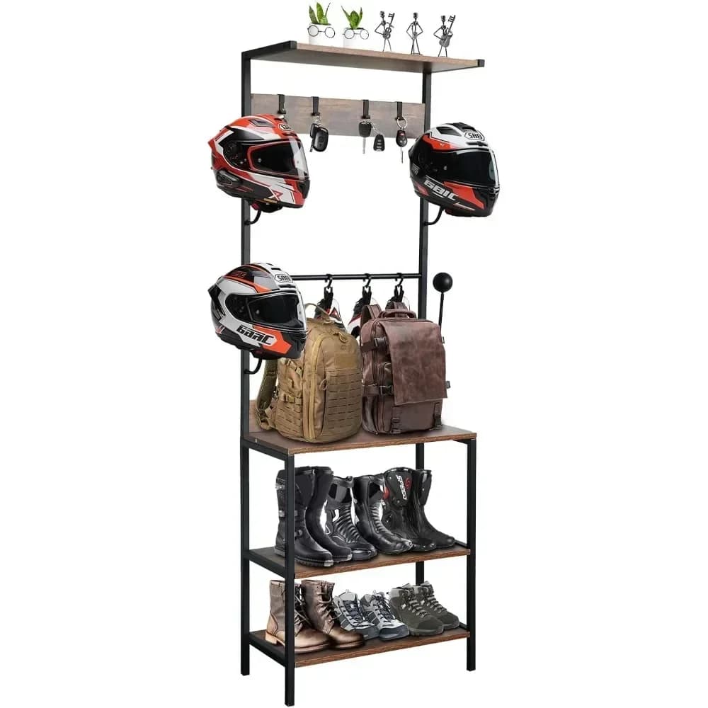 Offerta imperdibile: Porta Caschi e Guanti da Moto Rustico da Terra con 4 Scomparti per Caschi e Ganci Aggiuntivi - Edizione Limitata