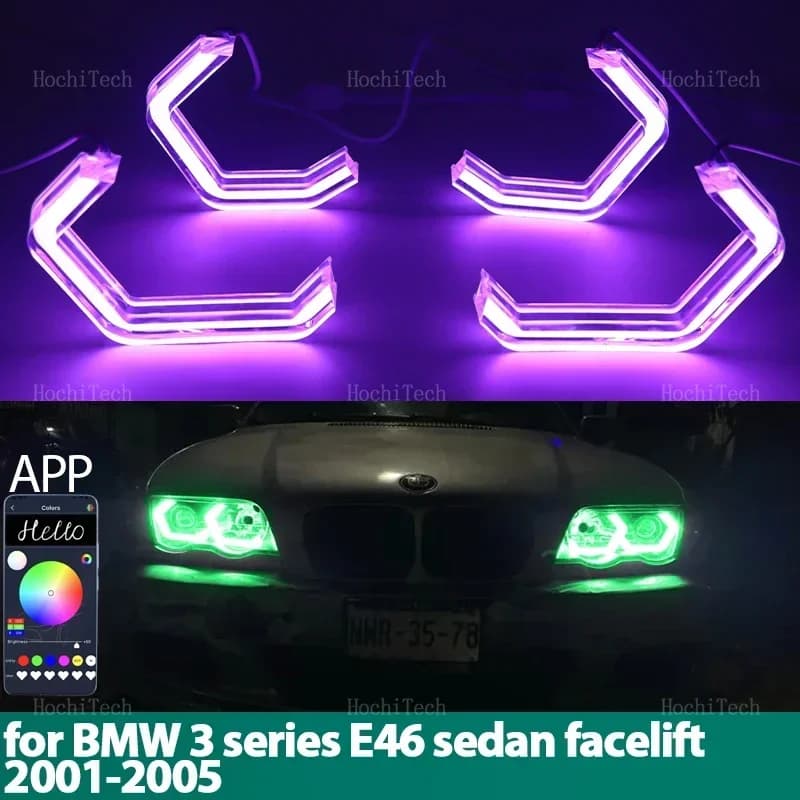 Kit Angel Eyes LED con luce stile M4 con anelli RGB multicolori con controllo APP per BMW serie 3 E46 berlina facelift 2001-2005
