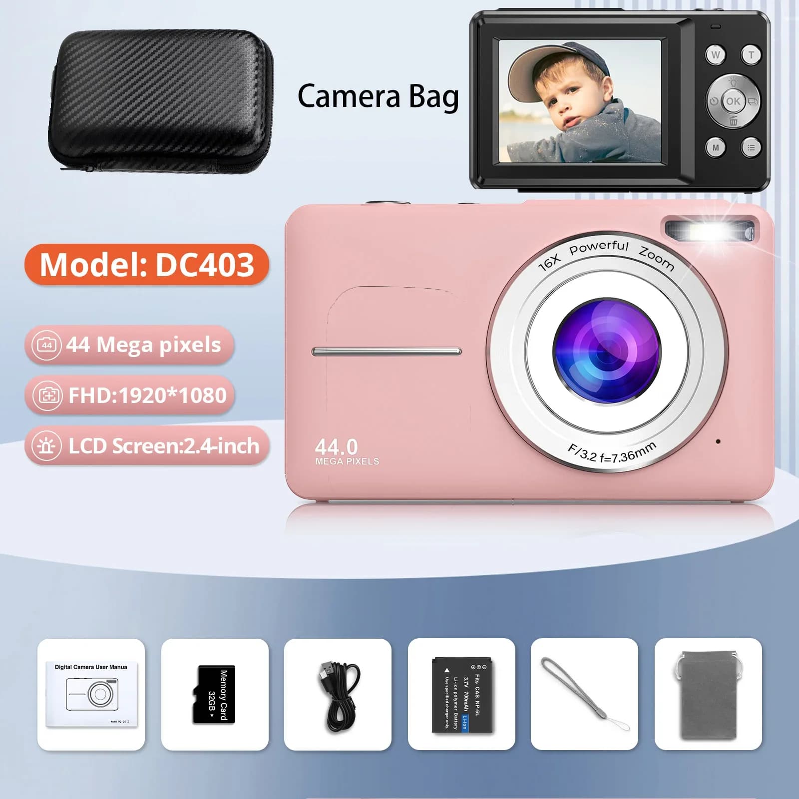 Fotocamera digitale HD 44MP 1080P FHD fotocamera fotografica videocamera 16X Zoom telecamera portatile Vlogging per bambini adulti principianti