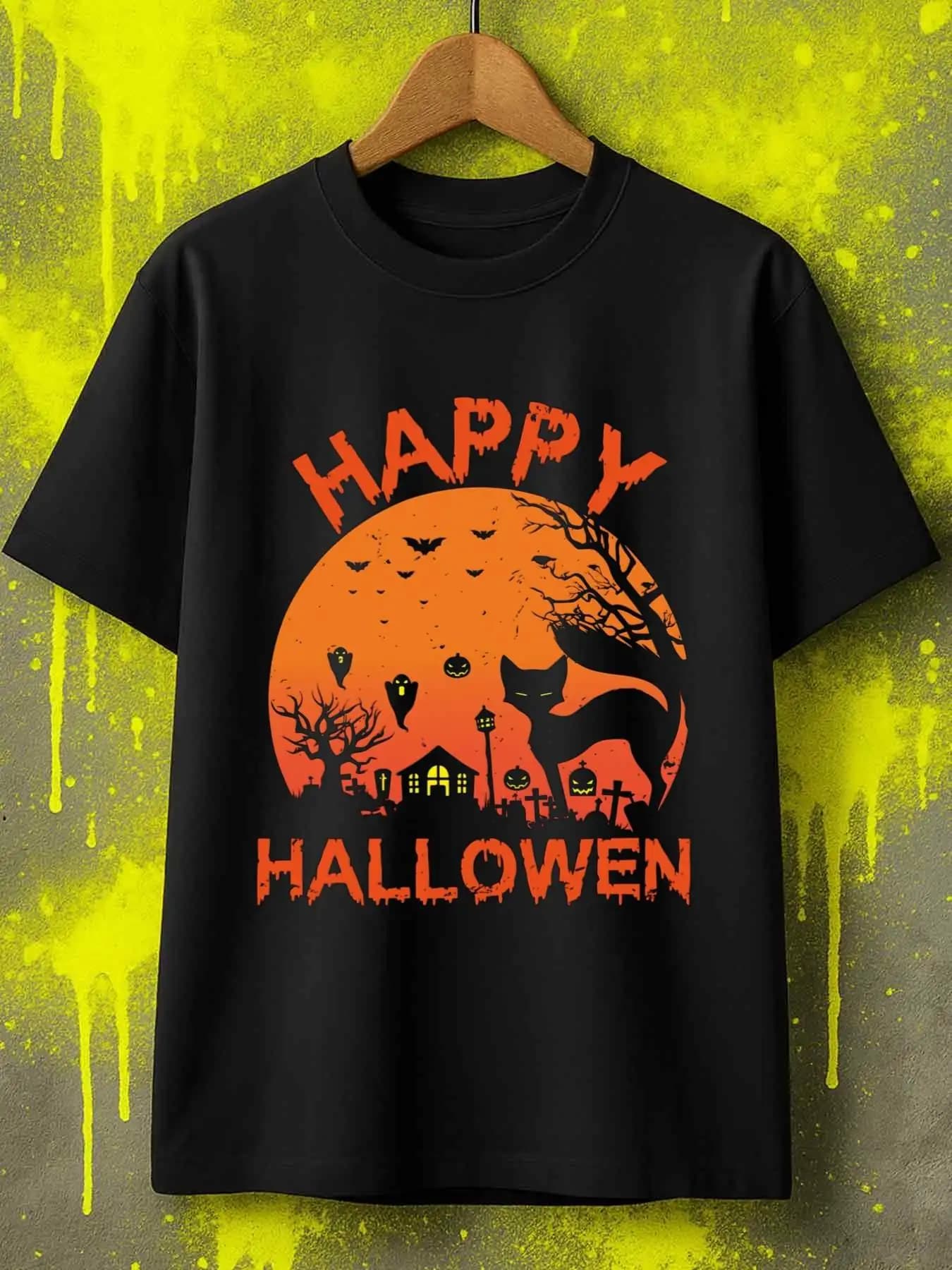 Vintage Men's Black Graphic T-Shirt Cat Moon Haunted House Bat Pumpkin Graveyard Tree Spooky Night Letter Print 100% Cotton Heavyweight Short Sleeve Casual Streetwear Tee