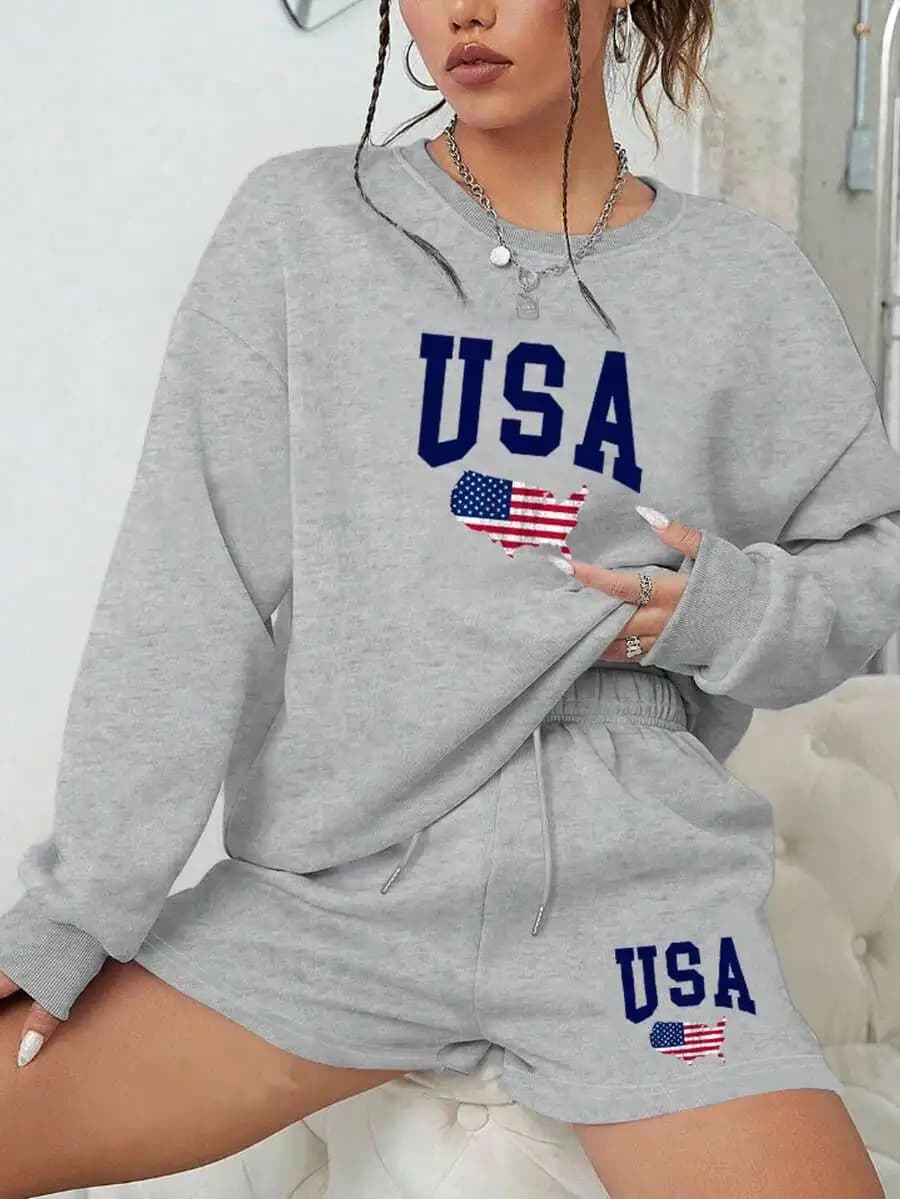 Womens USA Print Crew Neck Sweatshirt And Shorts Two Piece Set