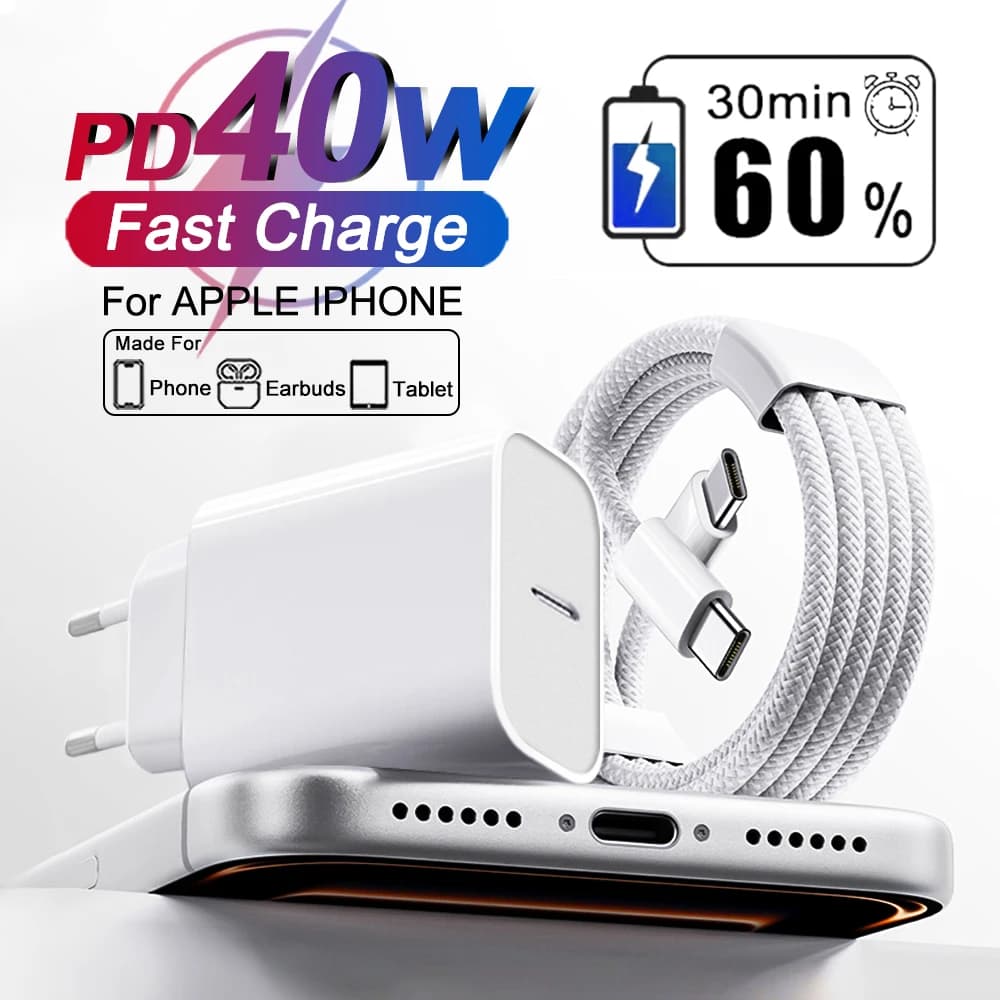 For Apple 40W Original PD Charger Travel Charger For iPhone 15 17 13 14 12 11 16 Pro Max Plus USB C Plug Wall Adapter Data Cable