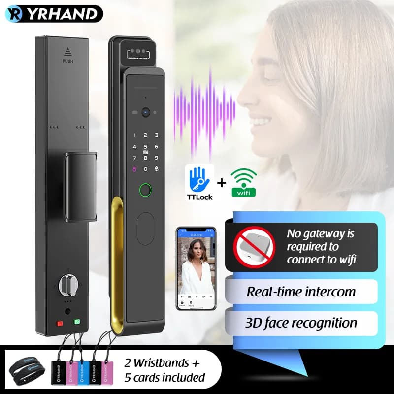 YRHAND Ttlock WiFi 3D riconoscimento facciale Smart Fingerprint Door Lock con fotocamera Remote APP citofono in tempo reale per Smart Home