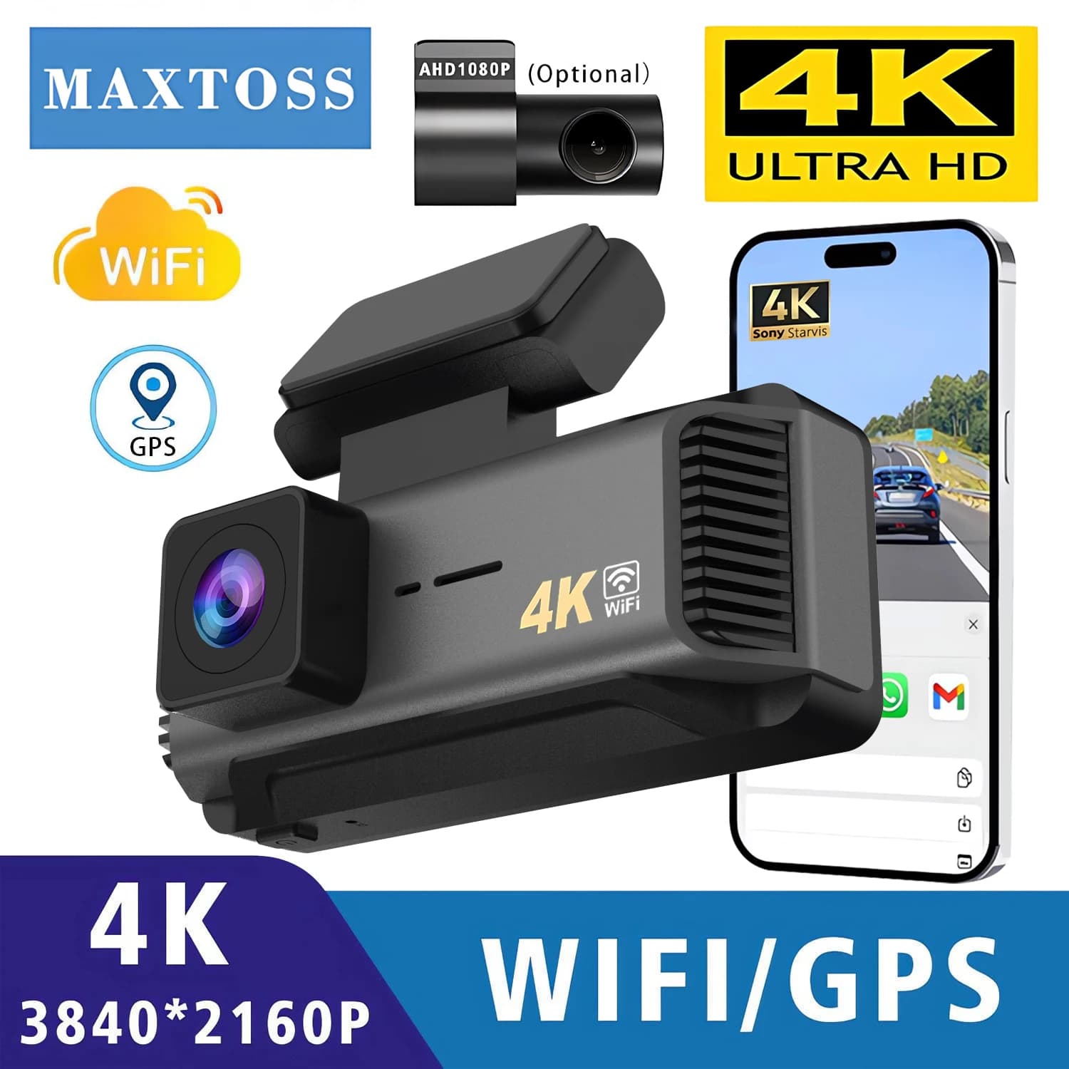 Dash Cam 4K 3840*2160P UHD, Telecamera per Auto con Visione Notturna, Registratore Video DVR con Wi-Fi Integrato, Supporto GPS, Monitoraggio Parcheggio 24H