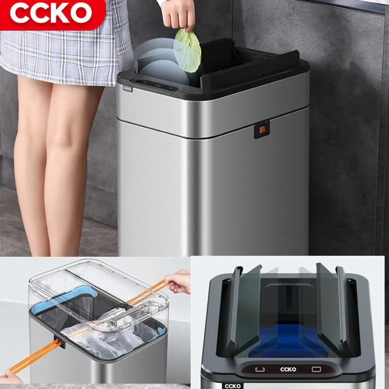 CCKO Sensore Intelligente Pattumiera In Acciaio Inox Pattumiera Automatica Per Bagno Cucina Secchio Intelligente Spazzatura 15L 20L Pattumiera