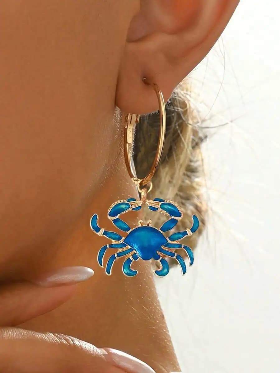 Blue Enamel Crab Hoop Earrings For Women Bohemian Ocean Style Fashion Jewelry