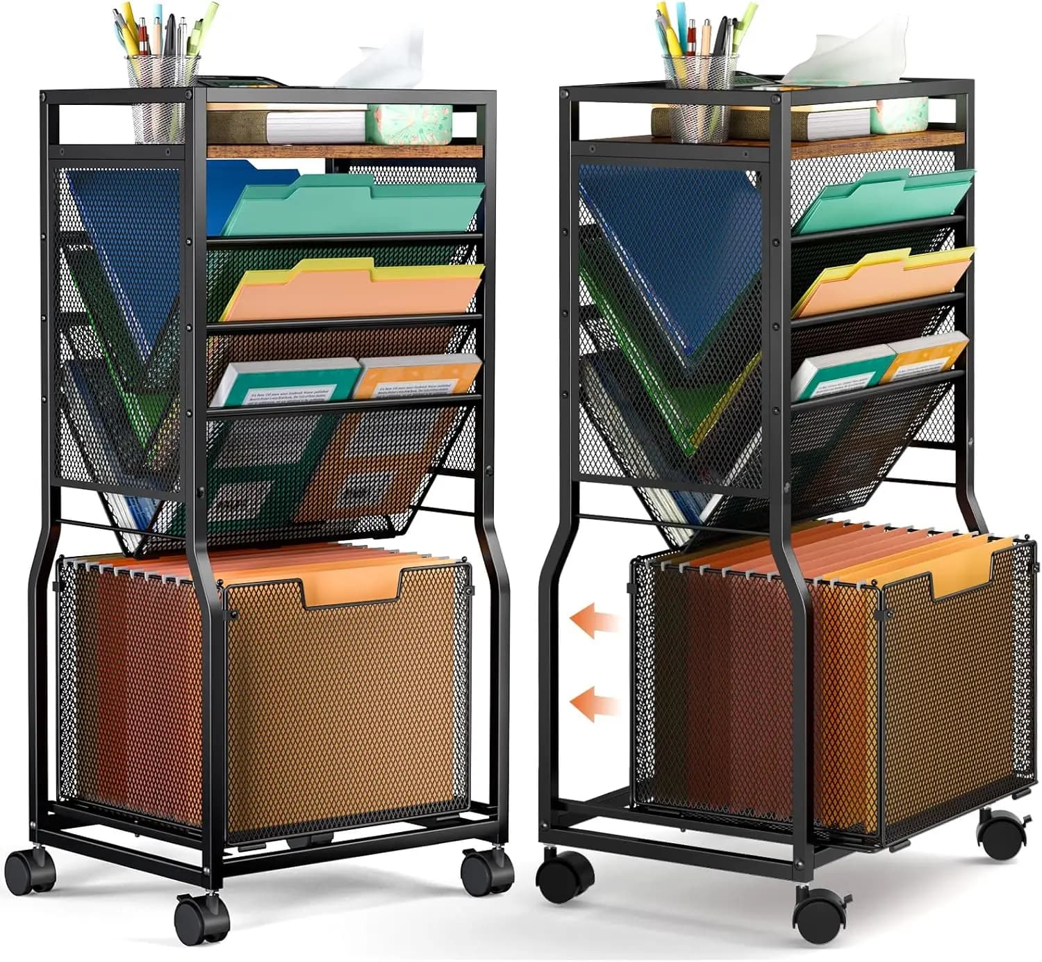 Carrello Portadocumenti a 8 Ripiani con Organizer Sospeso, Libreria Mobile, Ruote Sotto Scrivania per Ufficio Casa Scuola