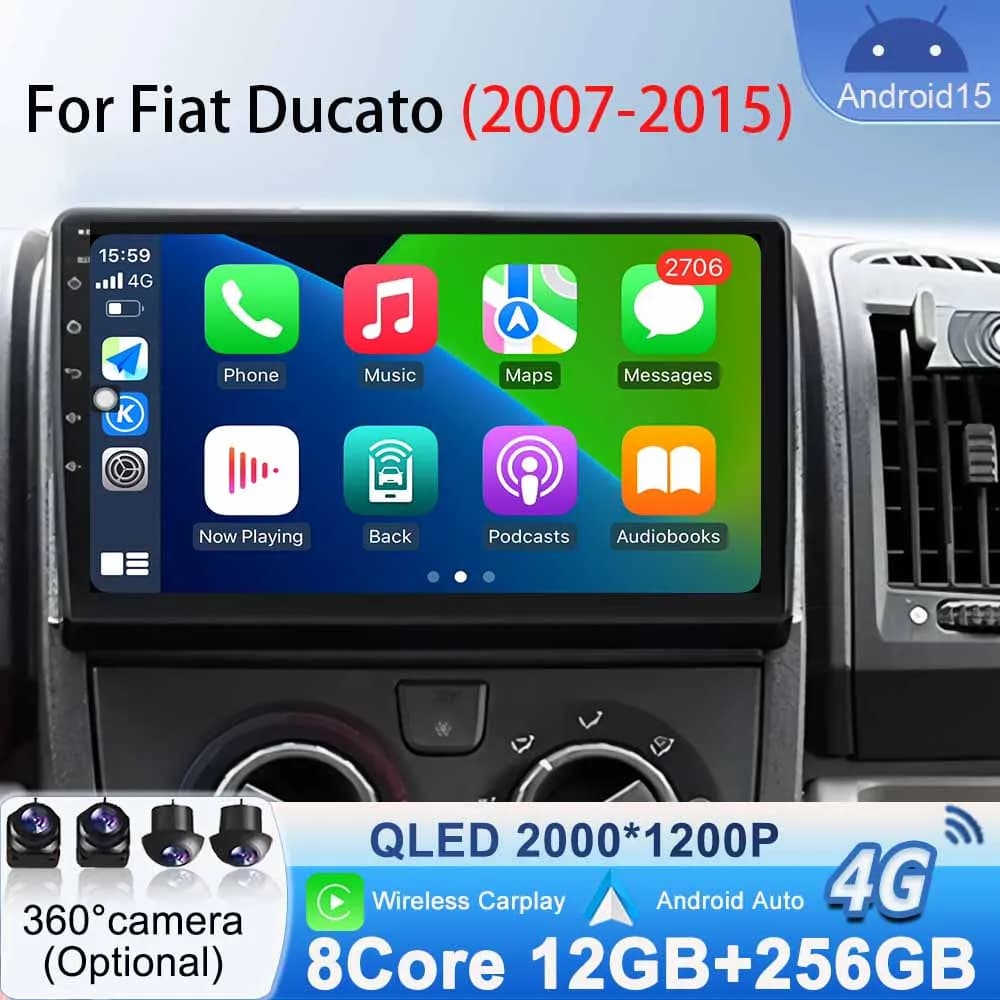 Lettore video Carplay Autoradio per Fiat Ducato 2007 2008 2009 2010 2011 2012 - 2015 Android 15 Stereo Multimedia BT Auto Android
