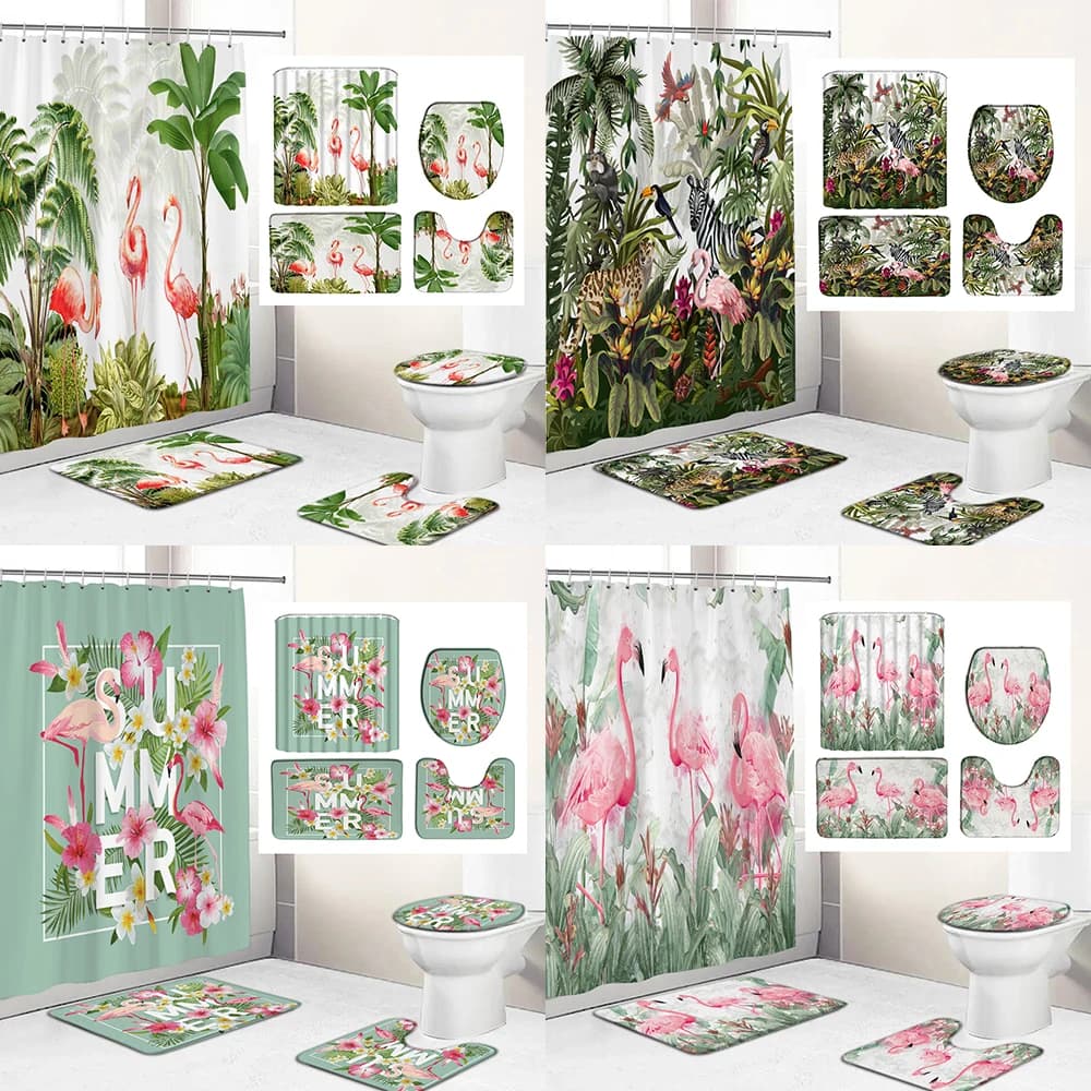 Set di tende da doccia con stampa di piante tropicali e fenicotteri per bagno, tappetino da bagno antiscivolo e set di tende da bagno, tappeto da bagno