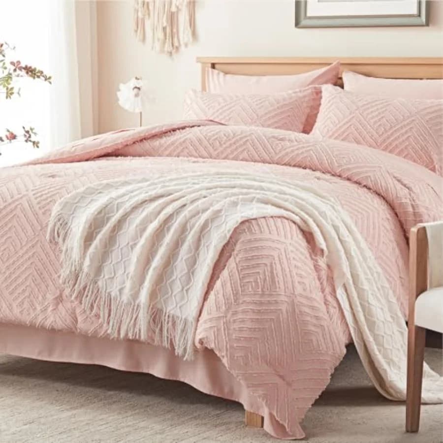 Set Copripiumino 7 Pezzi Rosa Trapuntato, Set Completo Letto con Copripiumino e Lenzuola per Tutte le Stagioni, Set Biancheria da Letto Boho con 1 Copripiumino e 2 Cuscini
