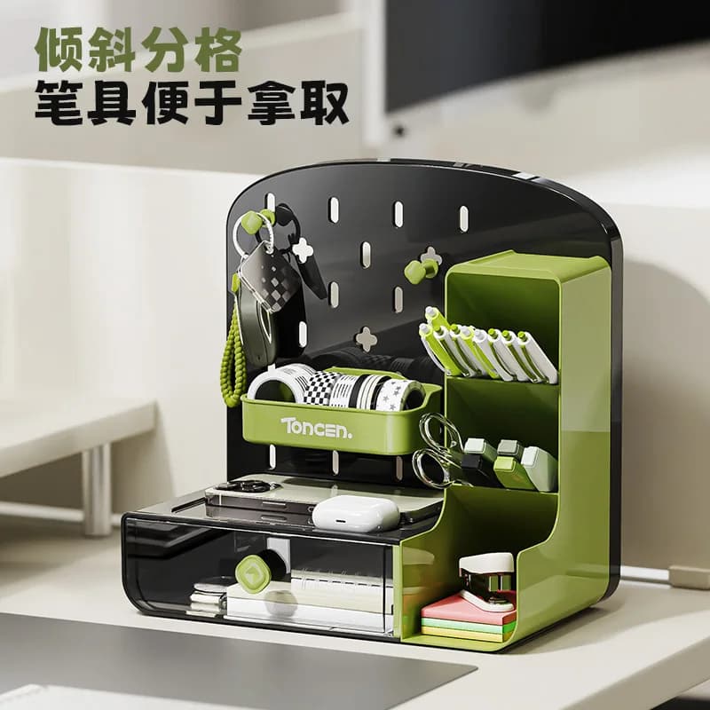 Desk Organizer with Drawer & Pen Holder - Multi-Functional Storage Box for Office, Student & Home Use (Green/White/Red)