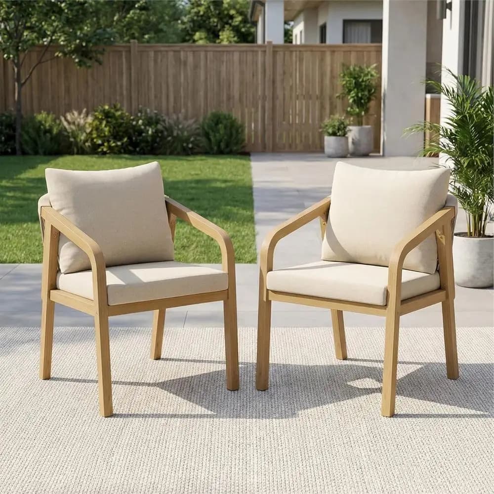 Set di 2 Sedie da Pranzo in Legno per Esterni con Cuscini, Schienale in Corda Intrecciata, Adatte per Giardino e Uso Interno, Beige