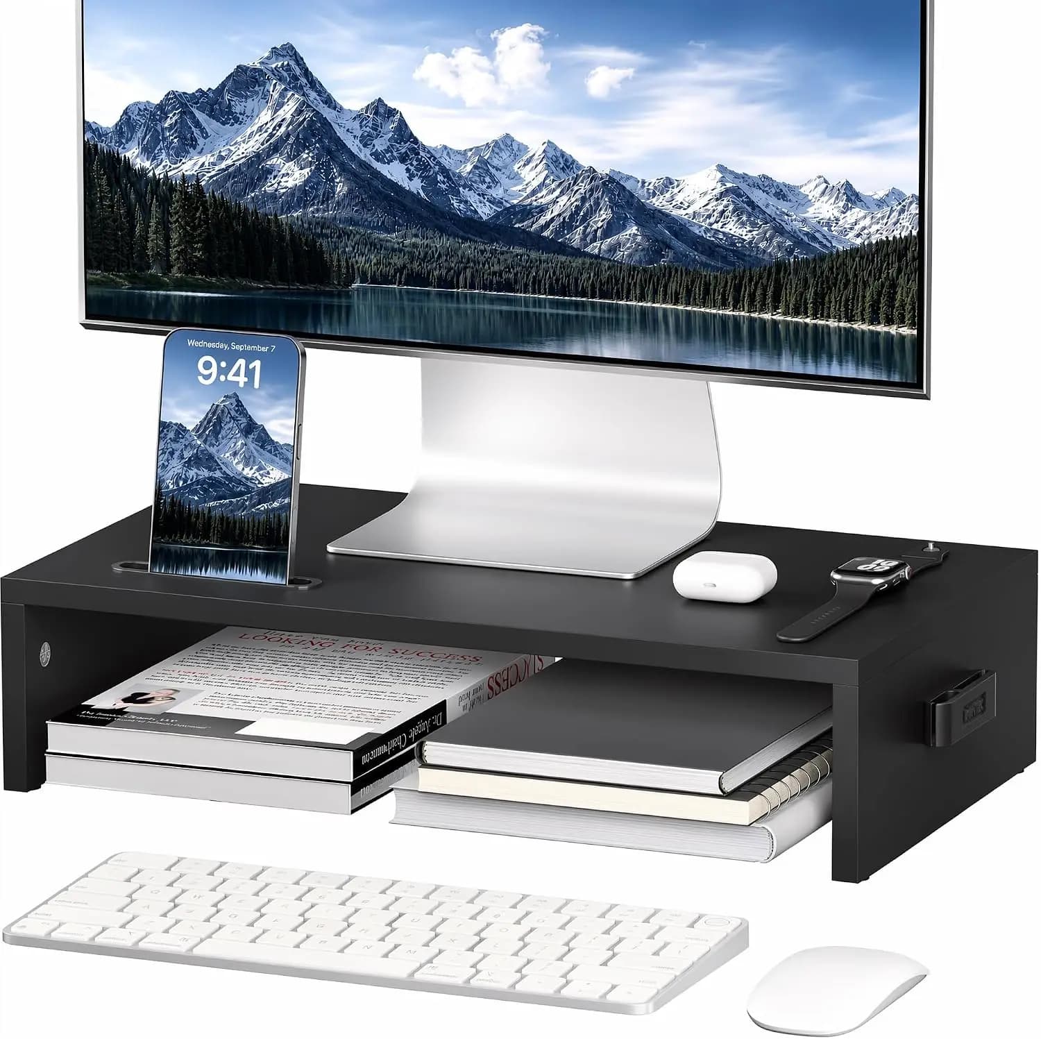 16.7" Wood Monitor Stand Riser with Storage Organizer, Cellphone Holder & Cable Management, Ergonomic Desktop Stand for Home Office, Black