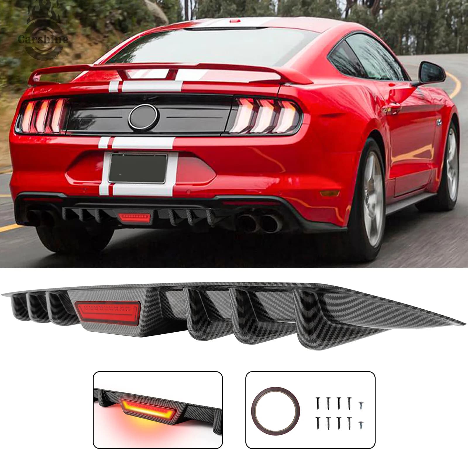Diffusore paraurti posteriore in carbonio per Ford Mustang con spoiler per luce di stop a LED