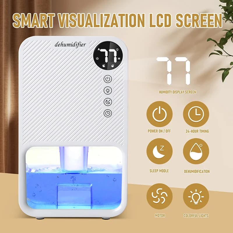 Mini Deumidificatore Smart per Camera da Letto con 7 LED, Ultra Silenzioso e Spegnimento Automatico per Garage e Seminterrato