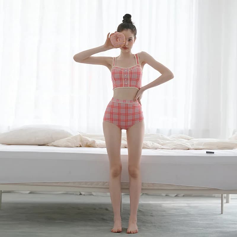 Nuovo Costume da Bagno Bikini Sportivo a Vita Alta con Copricostume a Quadri, Modellante, per Acque Termaali, Separato, per Ragazze, in Nylon con Copricostume