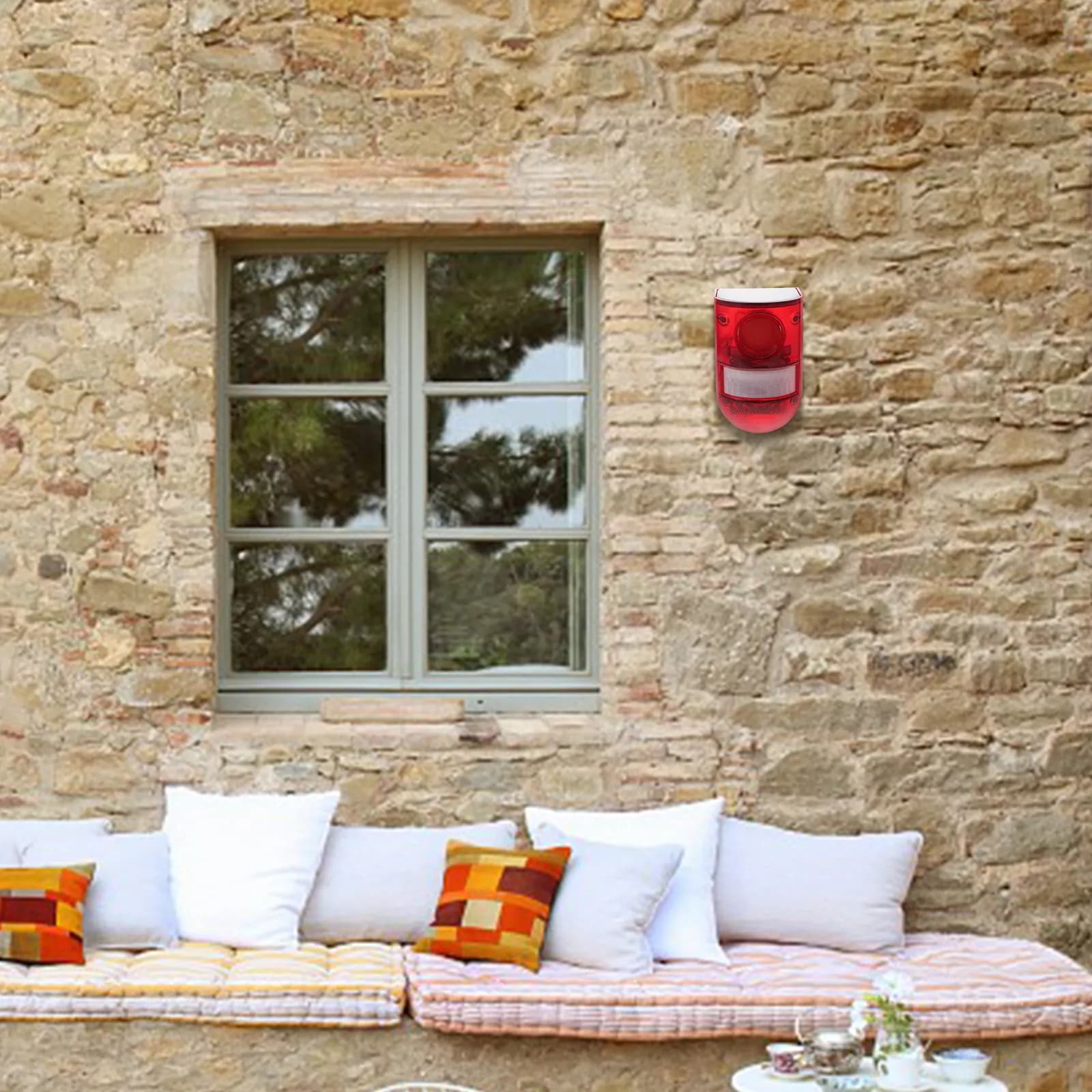 Faro LED con Pannello Solare, Sensore di Movimento, Luce Stroboscopica di Avvertimento, Lampeggiante di Sicurezza, Allarme Rosso