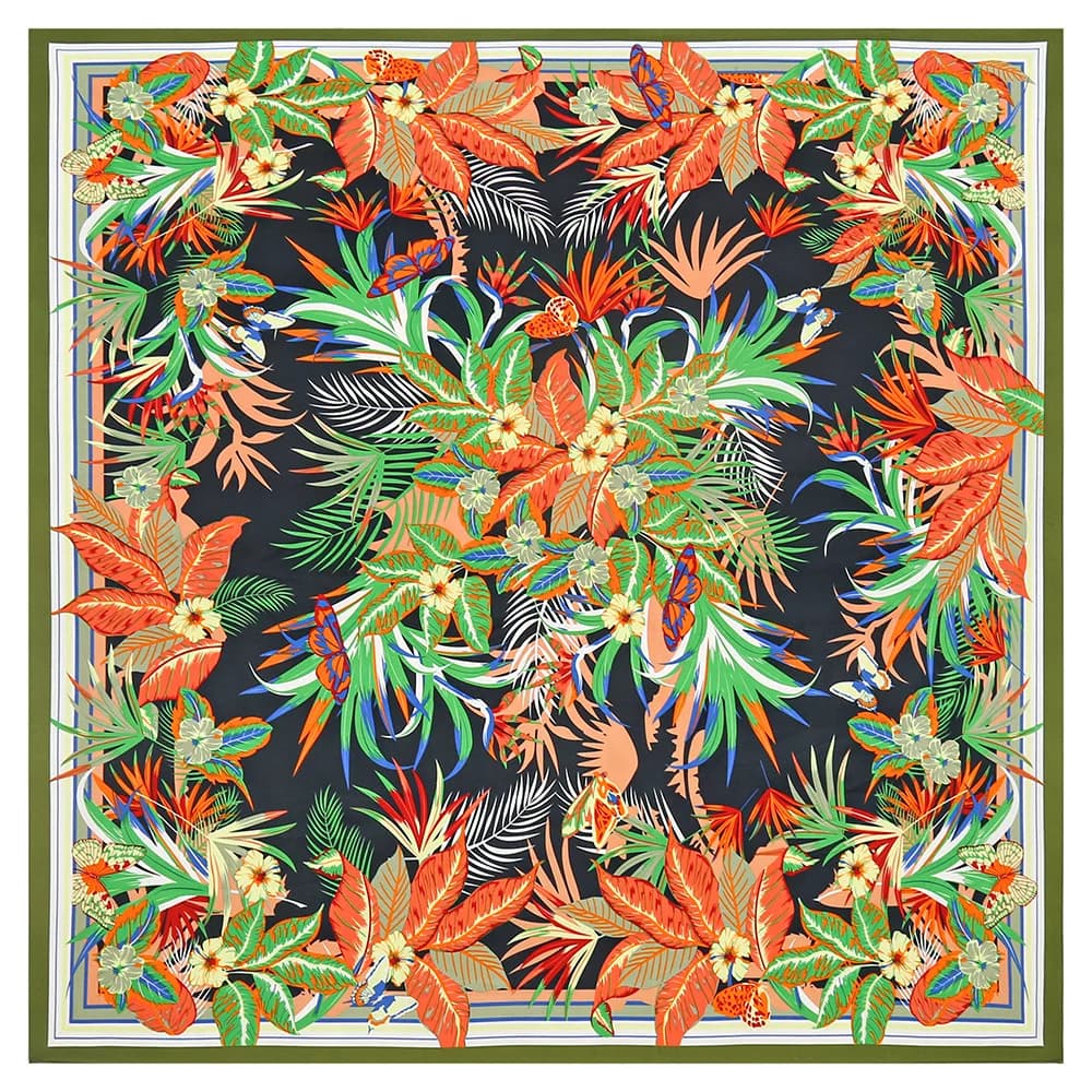 130cm Silk Square Scarf Print of Tropical Plants Scarves and Women's Fashion Scarves Spanish Silk Band Lady Hijab
