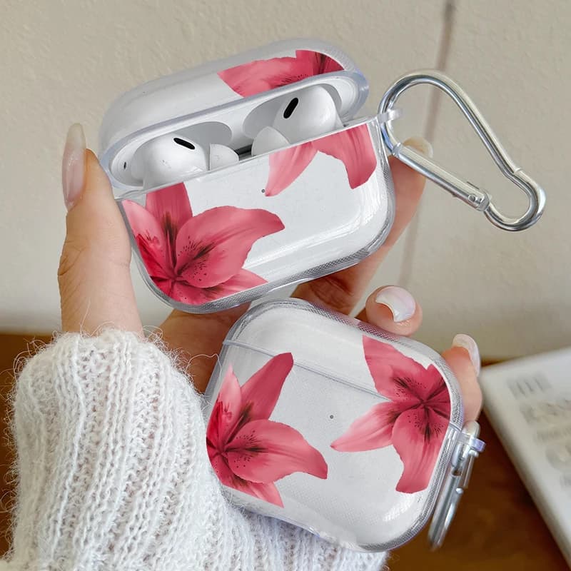 Shock-resistant headphone case with red lily flower pattern for Airpods Pro2/Pro3/Pro, Airpods 1/2/3/4 Transparent cover for headphones with snap hook