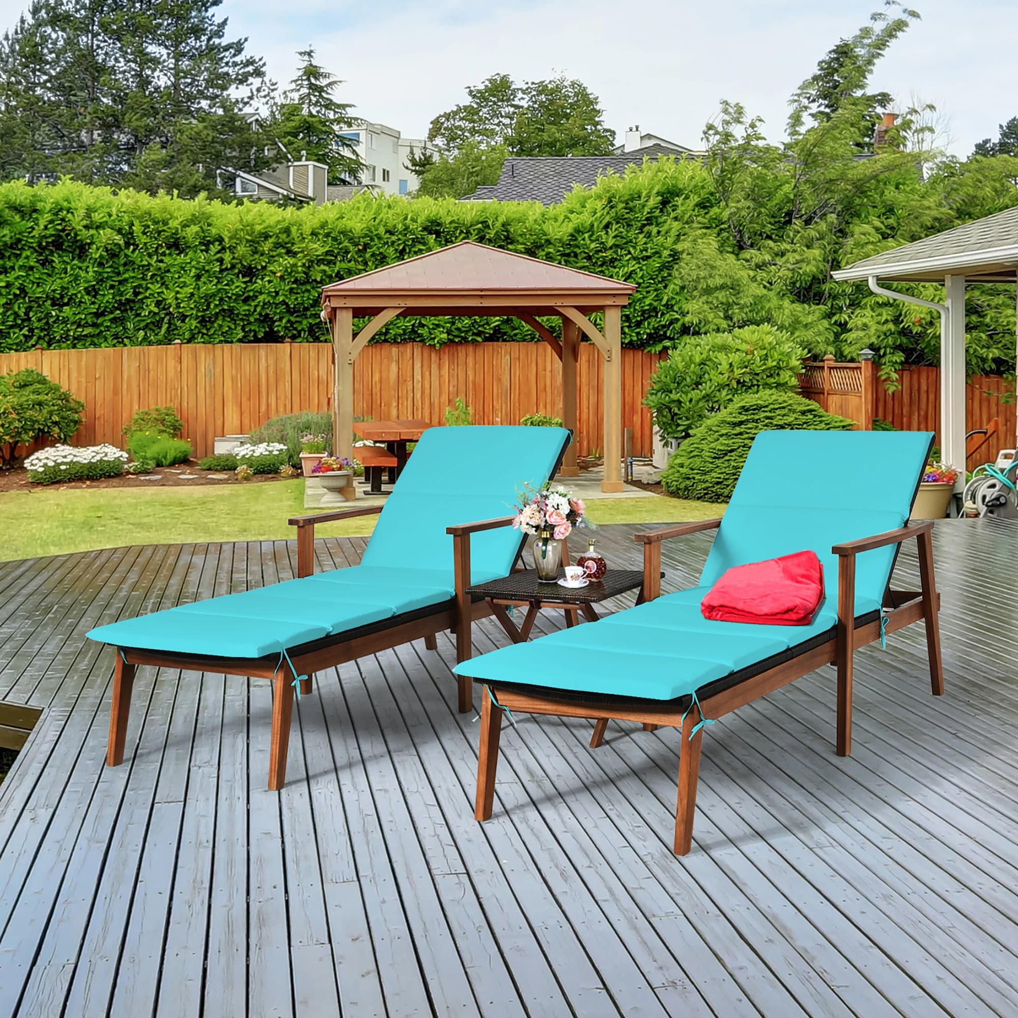 3 pezzi Patio Rattan Lounge Chair Set tavolo pieghevole Chaise legno imbottito turchese