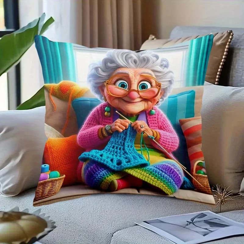 1 copridivano decorativo divertente con stampa Nonna che lavora a maglia, adatto per divano, camera da letto, soggiorno, un regalo calorevole per anziani