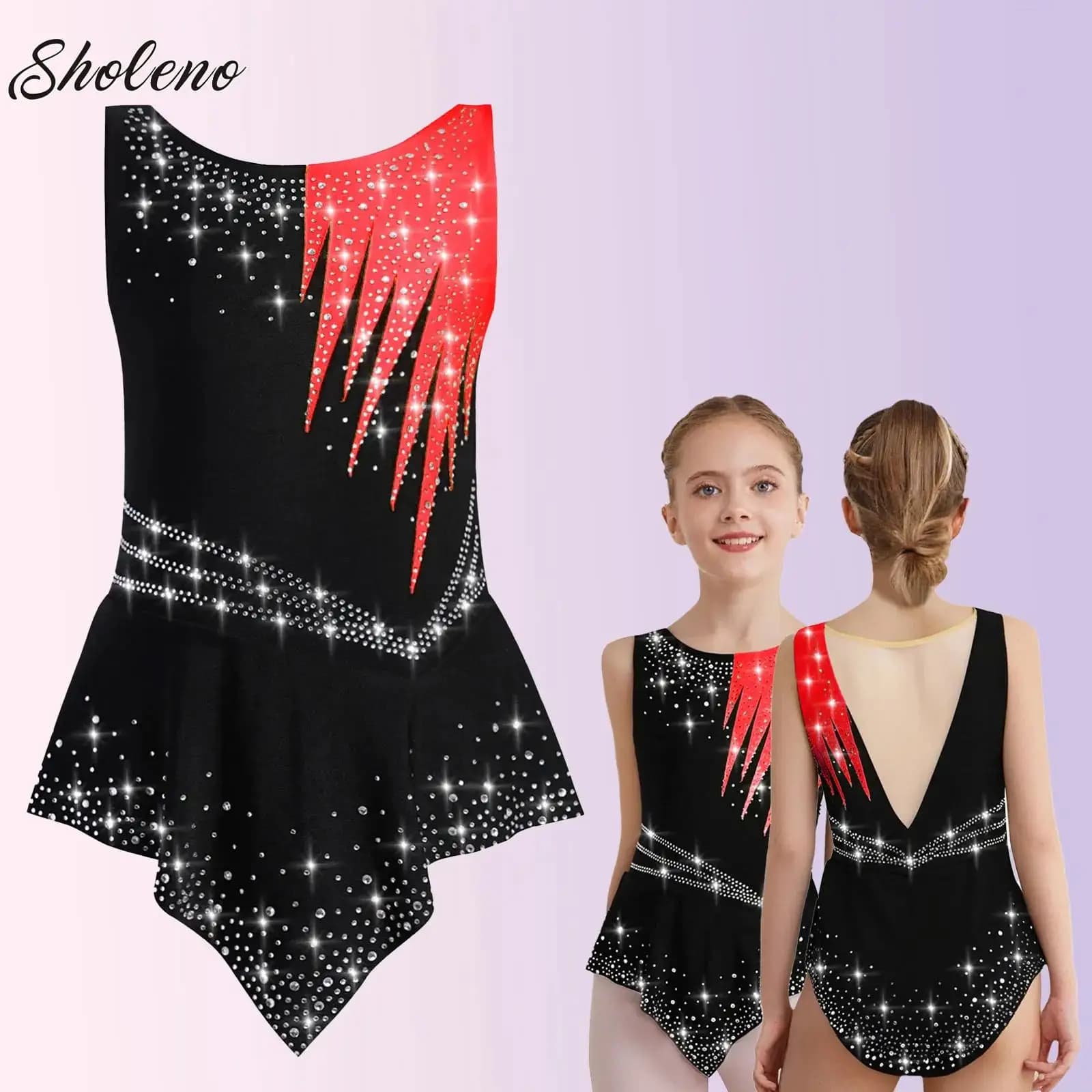 Ragazze adolescenti Ginnastica ritmica Pattinaggio di figura Maglia da balletto Body Strass lucidi Tuta Costume da competizione