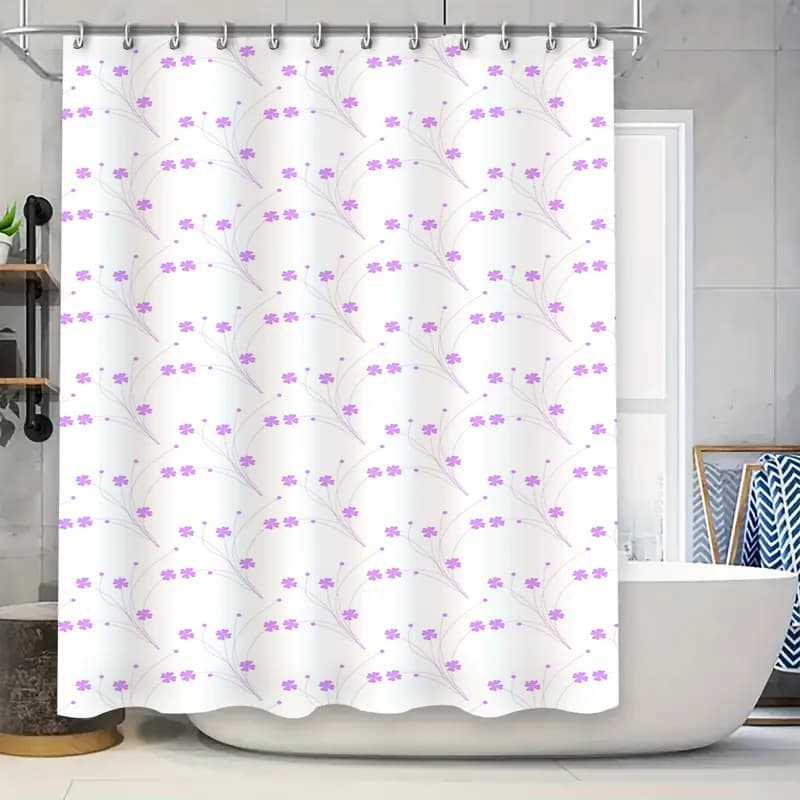 Tenda da doccia con fiori viola, stampata idrorepellente, decorazione per la stanza del bagno, tessuto plastico impermeabile, sfondo bianco