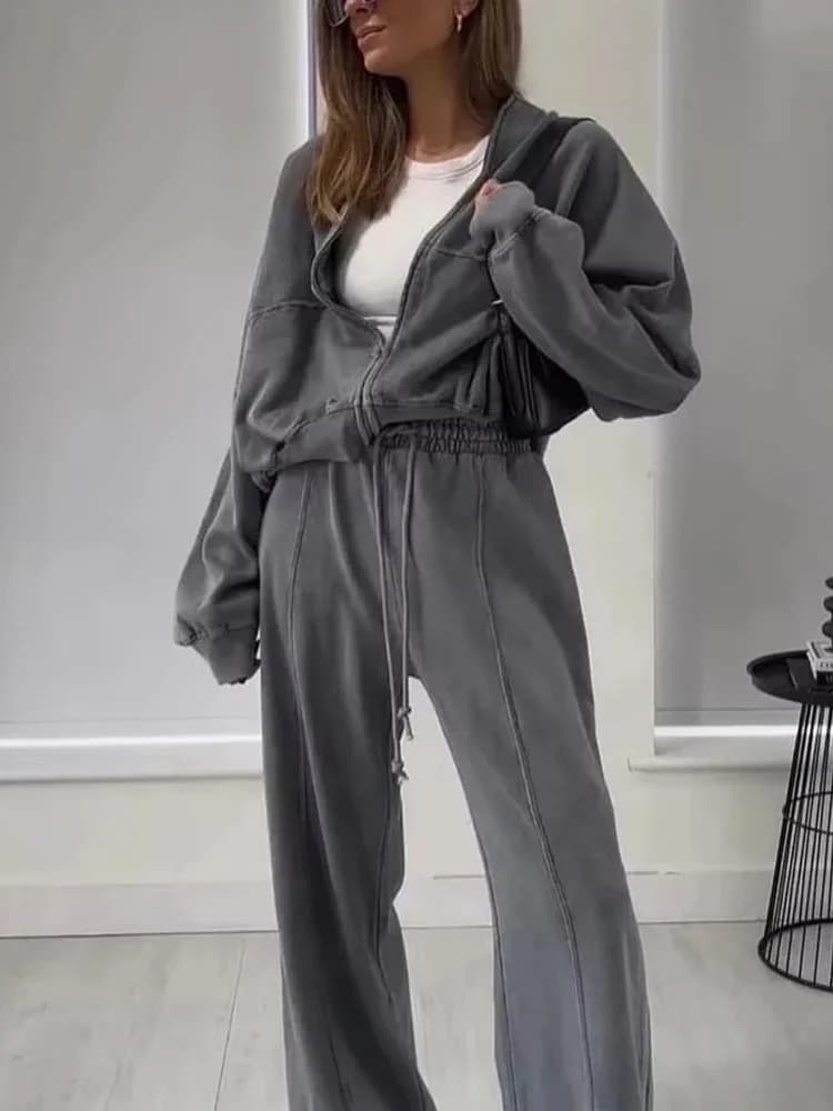 HH Abito sportivo da donna solido Manica lunga Cerniera Giacca bomber Cappotto Casual Pantaloni con coulisse Autunno femminile Y2K Felpa Set