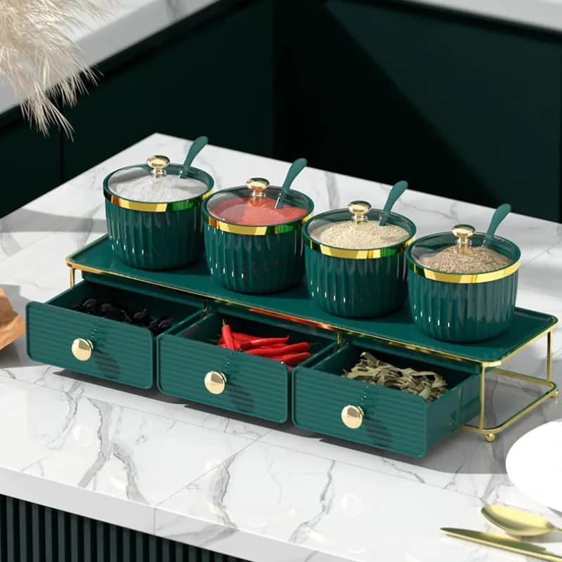 Set di scatole portaoggetti per barattoli di spezie verdi bordo dorato scatola di erogazione di spezie per peperoncino barattolo di zucchero cucina utensili da cucina con ripiano multiuso