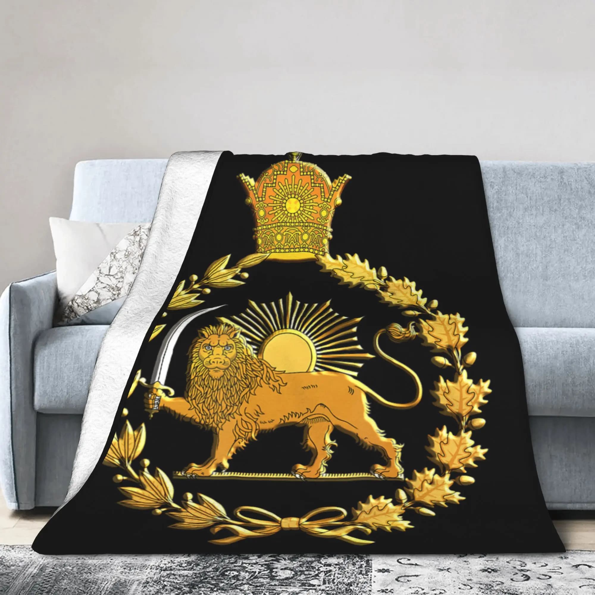Coperta Calda e Confortevole con Leone e Sole dell'Iran, Stile Dinastia Pahlavi, Plaid Casual per Letto, Divano e Poltrona, Copriletto in Flanella