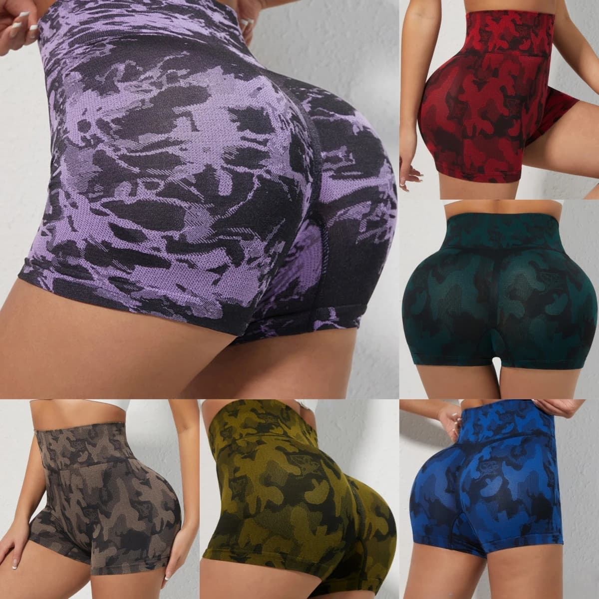 Pantaloncini sportivi mimetici senza cuciture a vita alta, ideali come strato esterno o come pantaloni da ciclismo.
