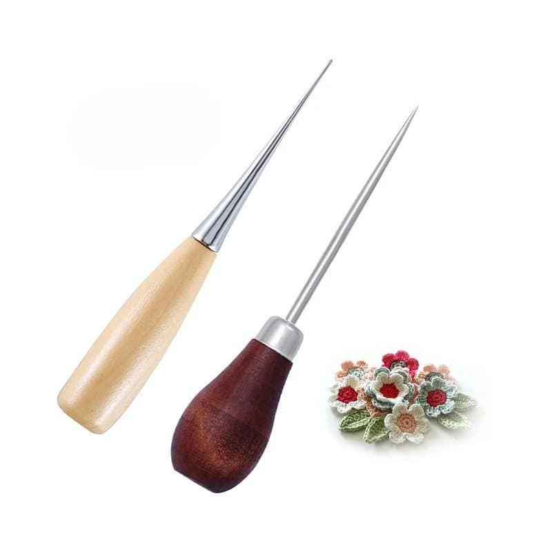 2Pcs set Wooden Handle Gourd Awl Handmade DIY Knitting Tool Straight Taper Curved Taper Needle Drill for Leather Goods Shoe