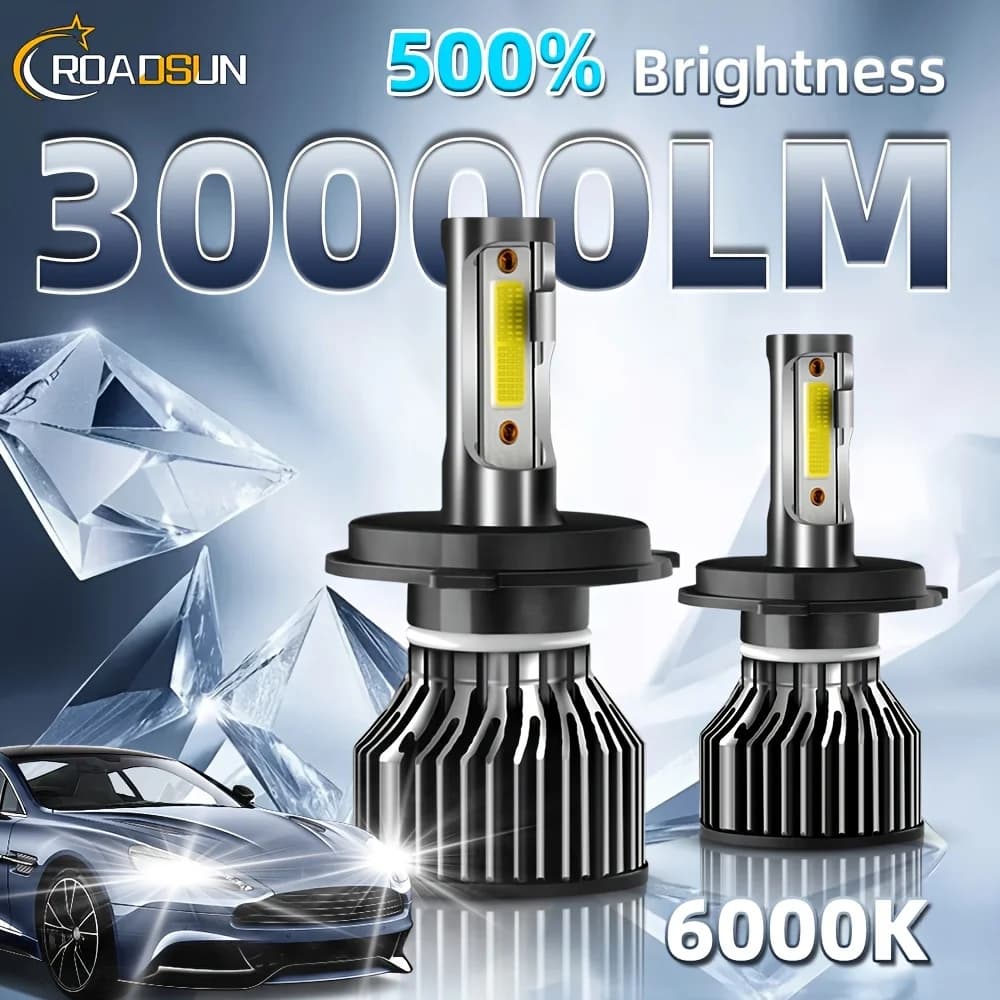 30000LM H1 H7 H11 9005 9006 H4 9004 9007 H13 Faro LED luminoso 6500K bianco per auto Plug & Play Ventola silenziosa, confezione da 2