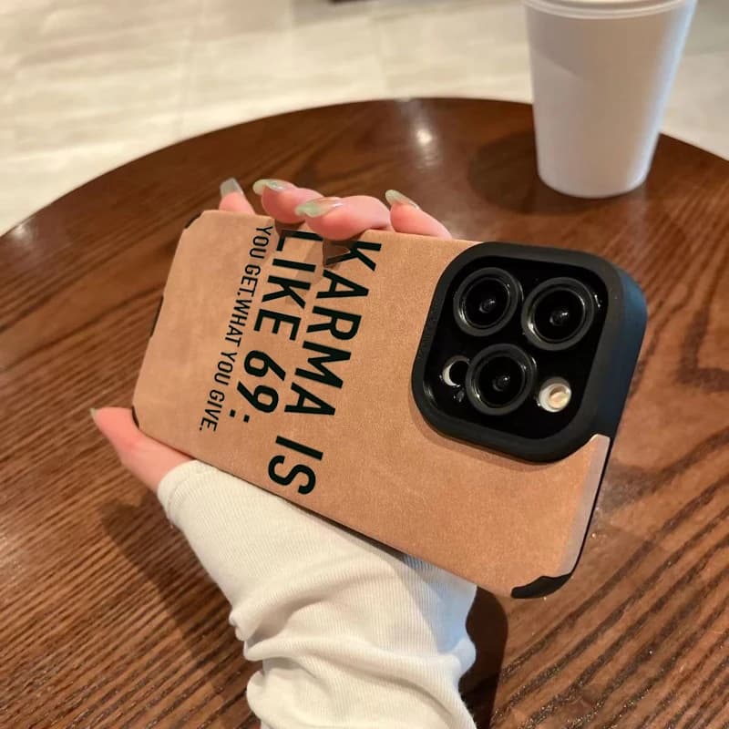 Karma Is Like 69 Slogan Phone Case For iPhone 17 16 15 14 13 12 11 Pro Max Air XR X XS 7 8 Plus SE 2022 Faux Leather Soft Cover