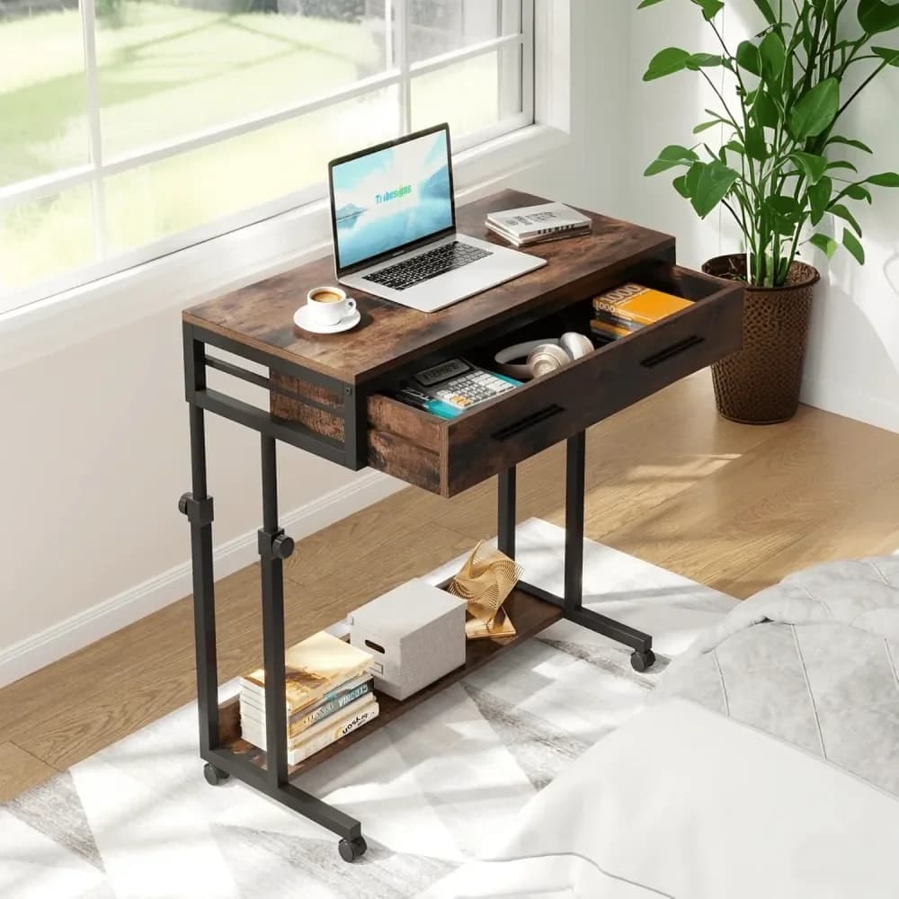 Scrivania mobile per laptop con ruote e cassetti, scrivania portatile con ruote per divano, per casa e ufficio, piccola postazione di lavoro in piedi, tavolino laterale per divano