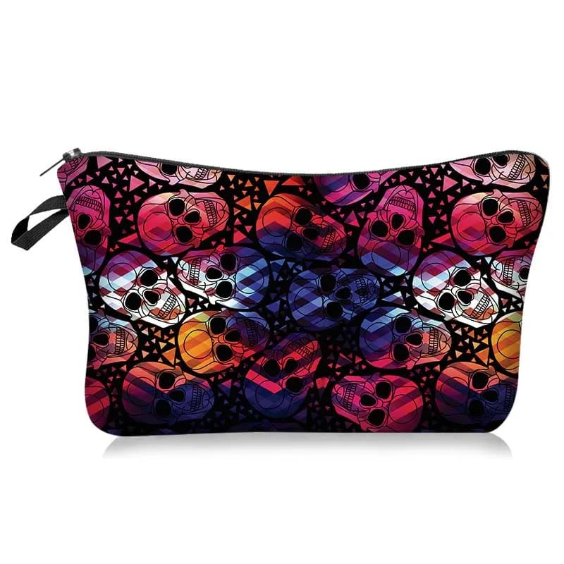 Colorful Geometric Skull Print Cosmetic Bag Portable Travel Makeup Organizer Zipper Hand Storage Pouch Makeup Pouch Purse