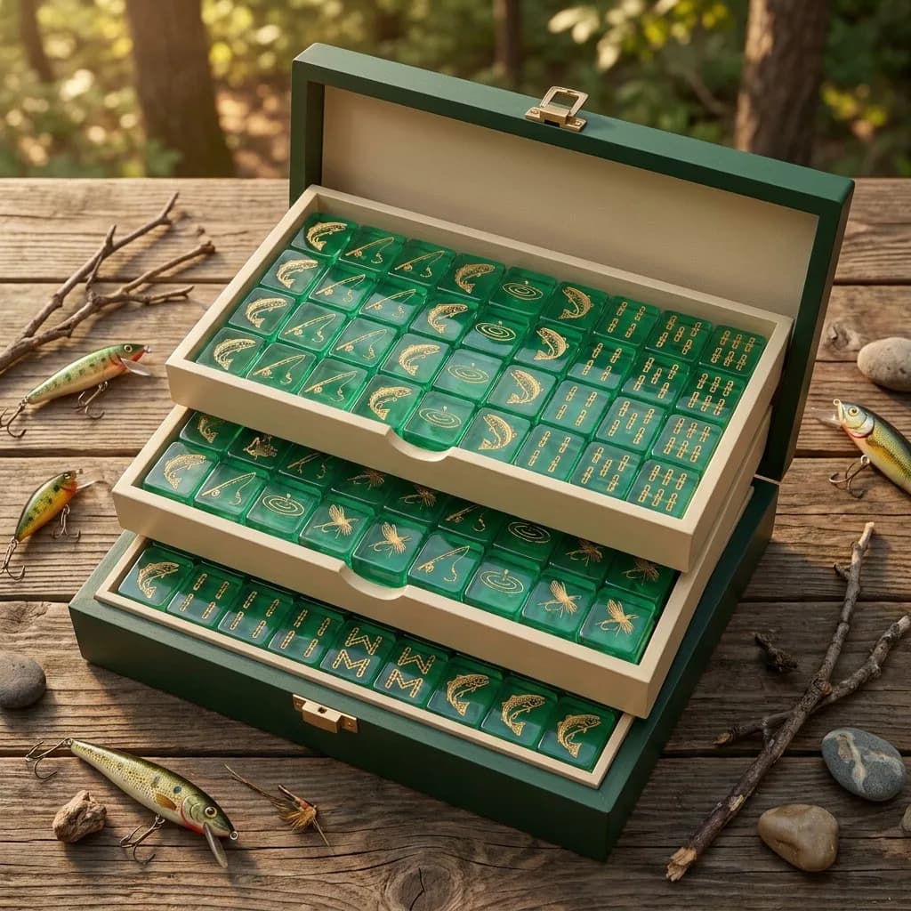 Custom Fishing Lake Themed Green Acrylic American Mahjong Tiles 160 Pieces 4 Layer Engraved Outdoor Sports Mahjongg Board Game