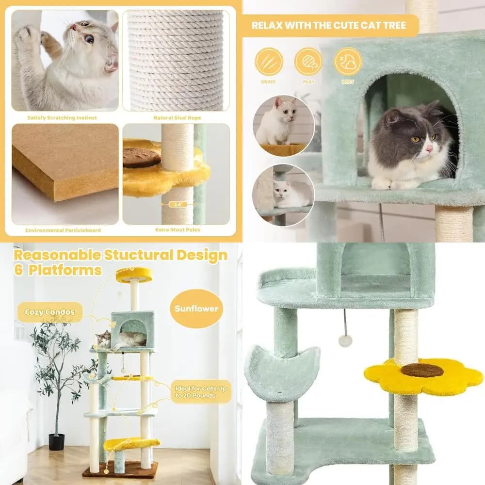 65.5 Sunflower-Themed Cat Tower with Multi-Level Perches, Scratching Posts, Toys, and Playhouse for Large Cats