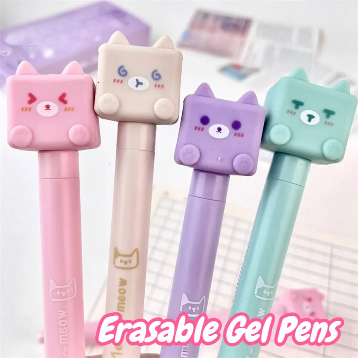 Penne gel cancellabili per gatti carini, inchiostro blu da 0,5 mm, impugnatura comoda, asciugatura rapida, materiale scolastico, uso per ufficio, regali natalizi, bomboniere