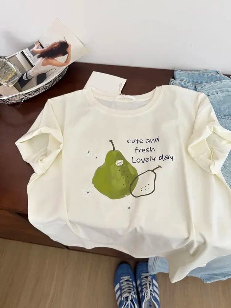 Loose Women's Summer T-shirt Fruit Print Casual Short Sleeve round Neck Basic Versatile Slimming Korean Style Commute Fashion