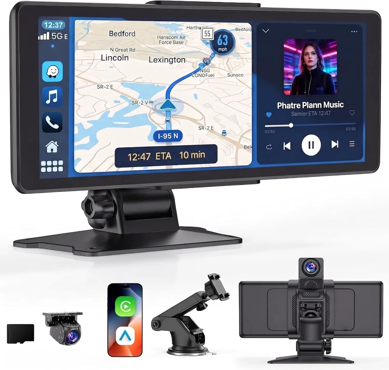 Portable 9"Carplay Screen for Car, Android Auto Screen Car Play Screen, Wireless Carplay Touchscreen Car Stereo with 2K Dash Cam & 1080P Backup Camera, Mirror Link/Bluetooth/AUX