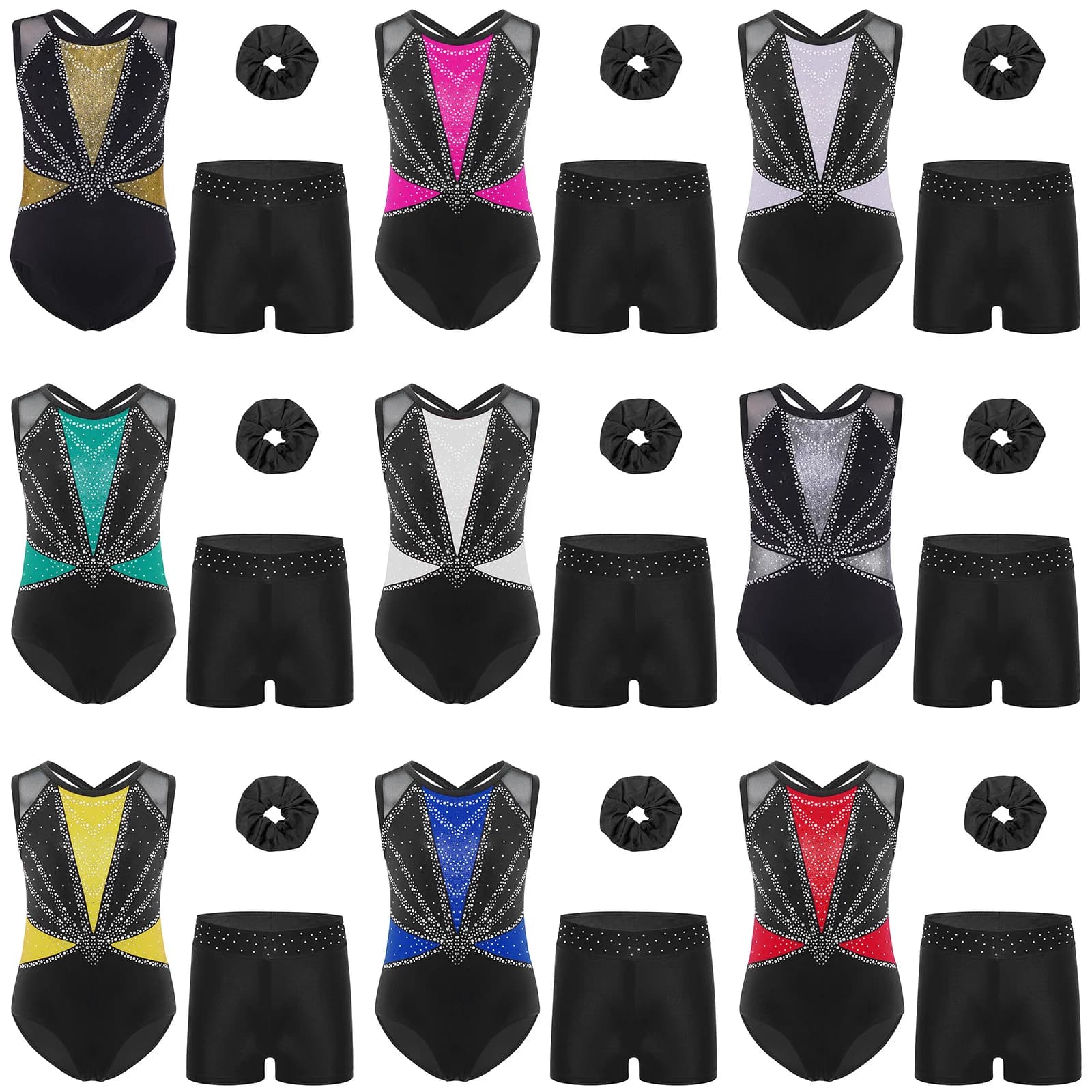 Vestito da pattinaggio di figura per bambina, balletto, danza, ginnastica, acrobazie, vestiti, strass, body metallico con pantaloncini, fascia per capelli