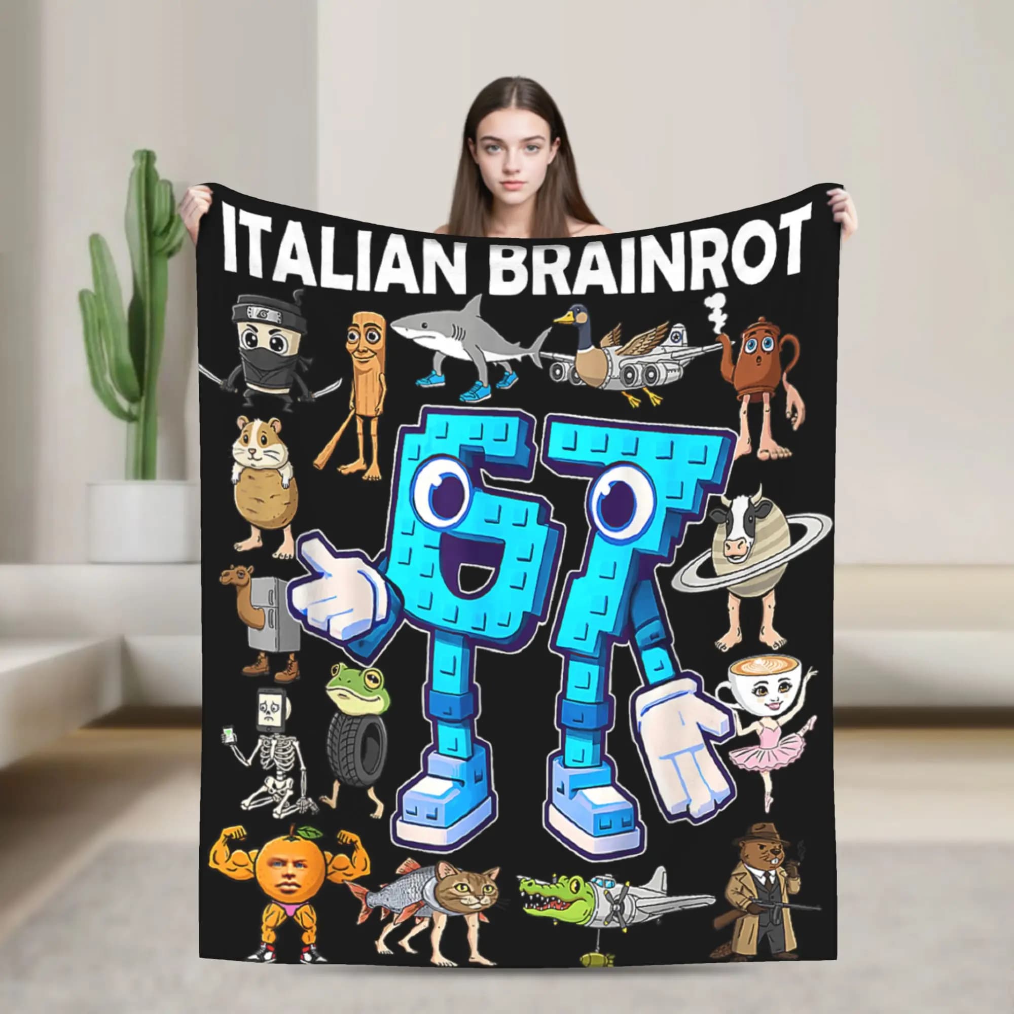 6 7 Italian Brainrot Six Seven Meme Flannel cover Durable shooting cover for living room Funny bedspread for sofa bed