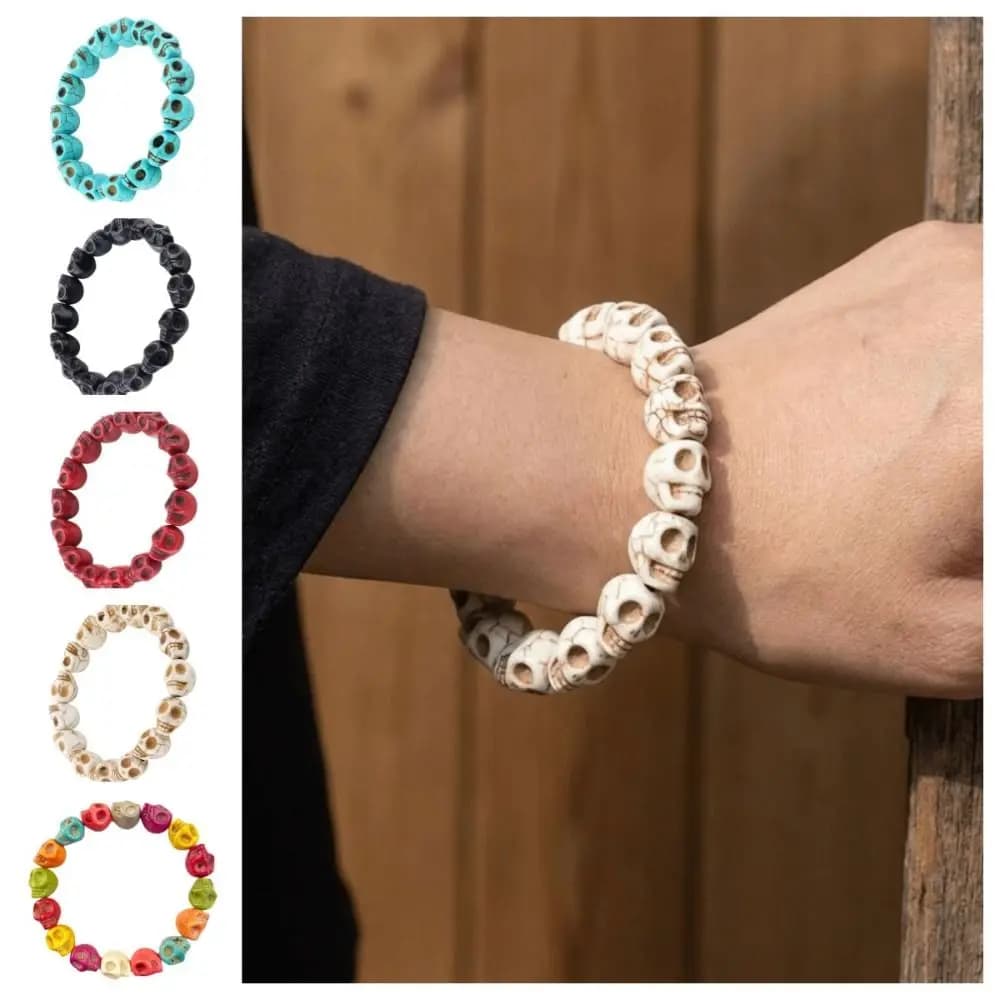 Fashion Acrylic Skull Beaded Bracelet Colorful Bone Stone Skeleton Beaded Bracelet Gothic Charm Elastic Bangle Jewelry