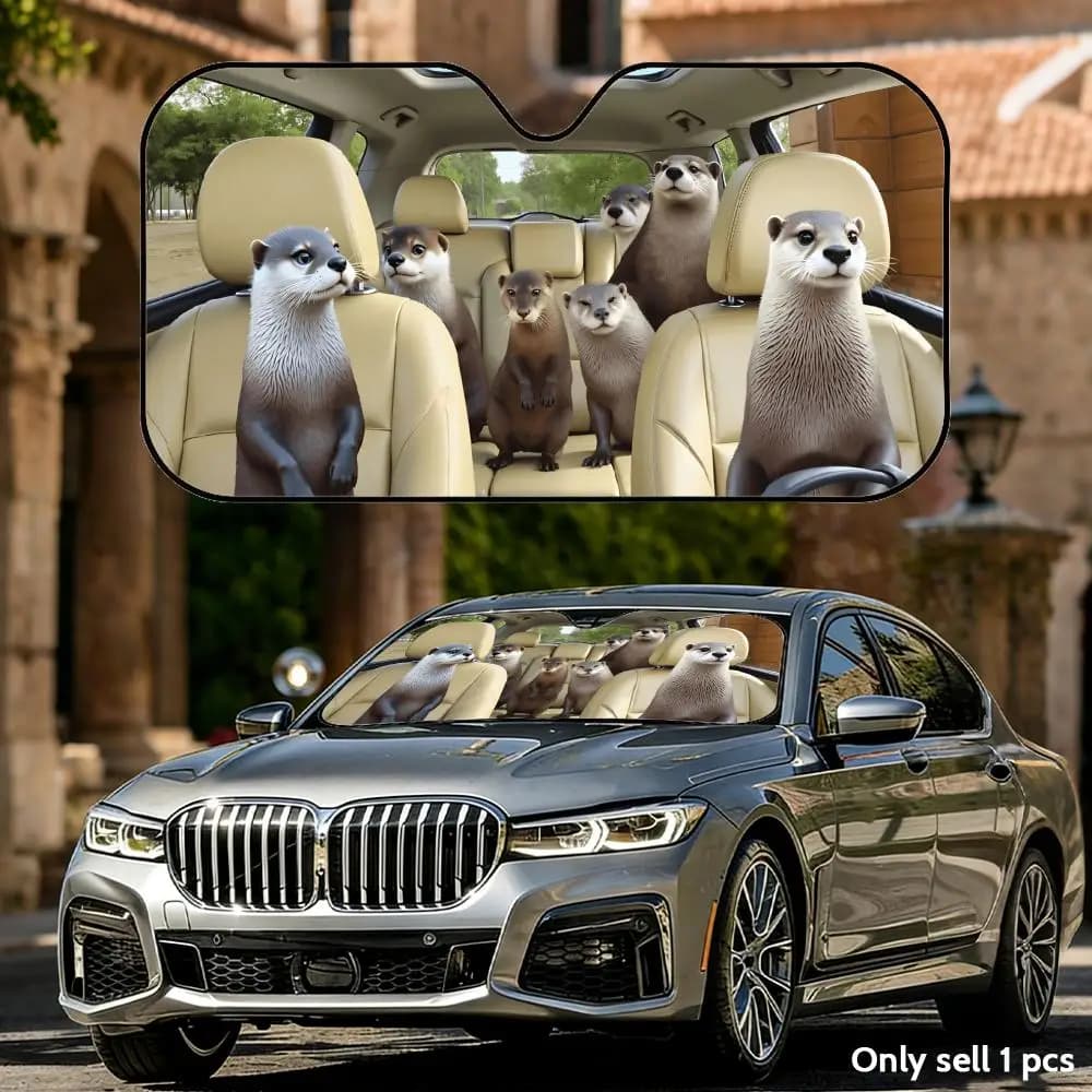 Parasole Divertente per Auto con Famiglia di Lontra, Pieghevole, Universale, Protezione UV, Isolamento Termico, Copertura Richiudibile