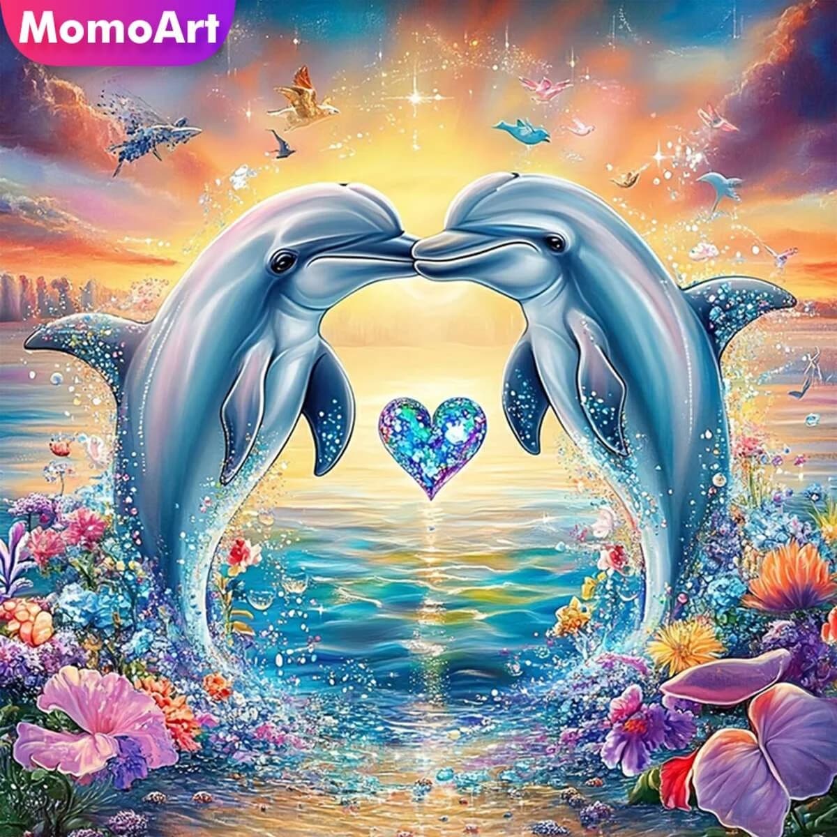Momoart nuovo arrivo pittura diamante delfino animale decorazione della parete kit ricamo fai da te mosaico tramonto hobby fatto a mano