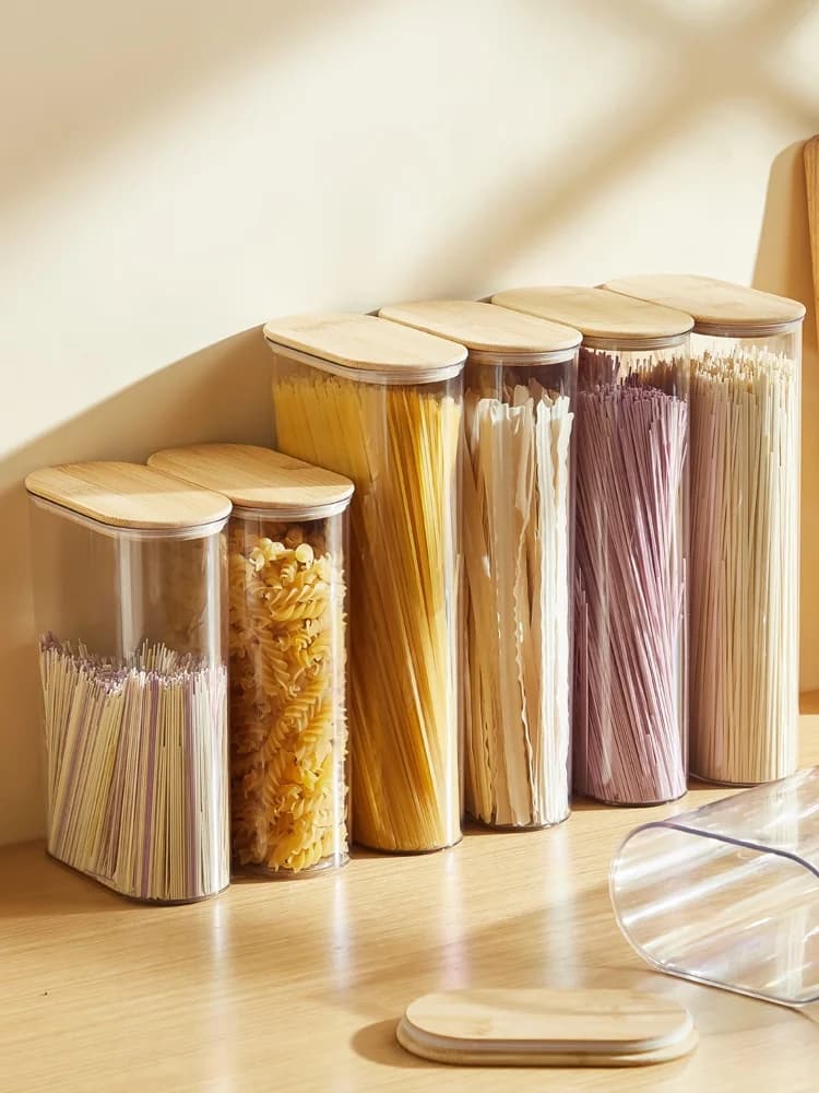 Food Grade Sealed Storage Container Pasta Noodles Boxed Grain Storage Jar Bamboo Cover Kitchen Storage Utensils Dry Food Cani...