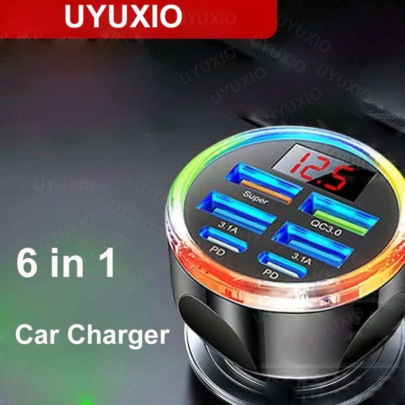 UYUXIO USB C 6 in 1 car charger adapter with super fast charging multi port voltmeter with voltage display for Samsung iPhone