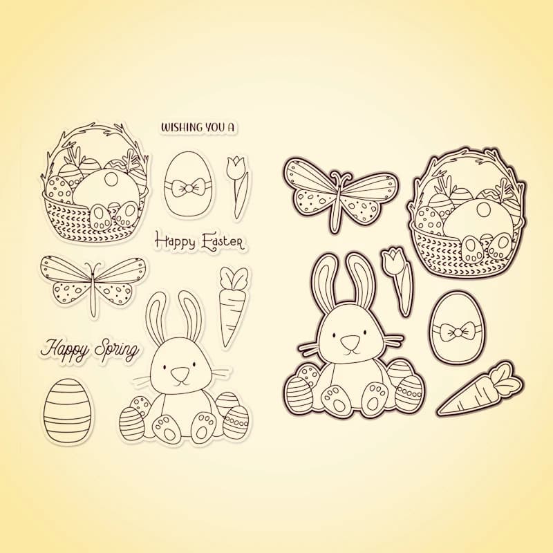 Basket of Easter Flowers Rabbit Carrot Rabbit Uovo Transparent stamps Set Scrapbooking Fustelle Background frames Handicraft for cards